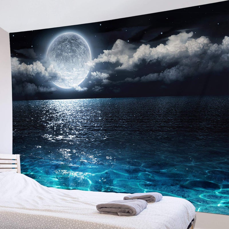 LB Moon Ocean Tapestry - Watercolor Blue Ocean and White Cloud Extra Large Wall Tapestry for Bedroom Starry Night Sky Wall Art for Bedroom Living Room Dorm Decor - 92.5Wx70.9H inches - Image 1